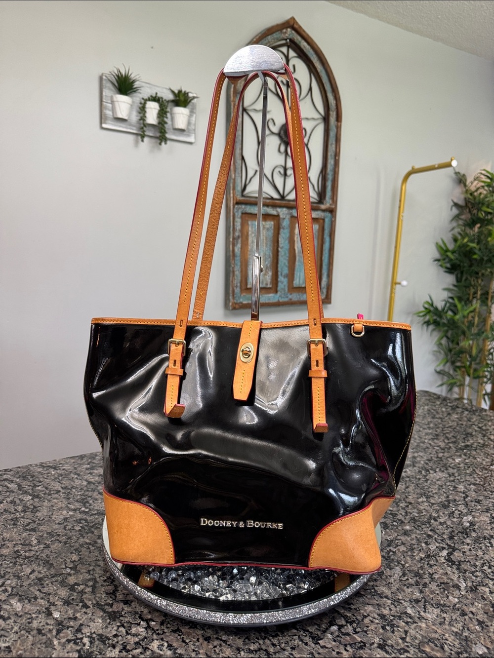 Dooney & Bourke Claremont Dover Black Patent Tote with Tan leather Trim EUC